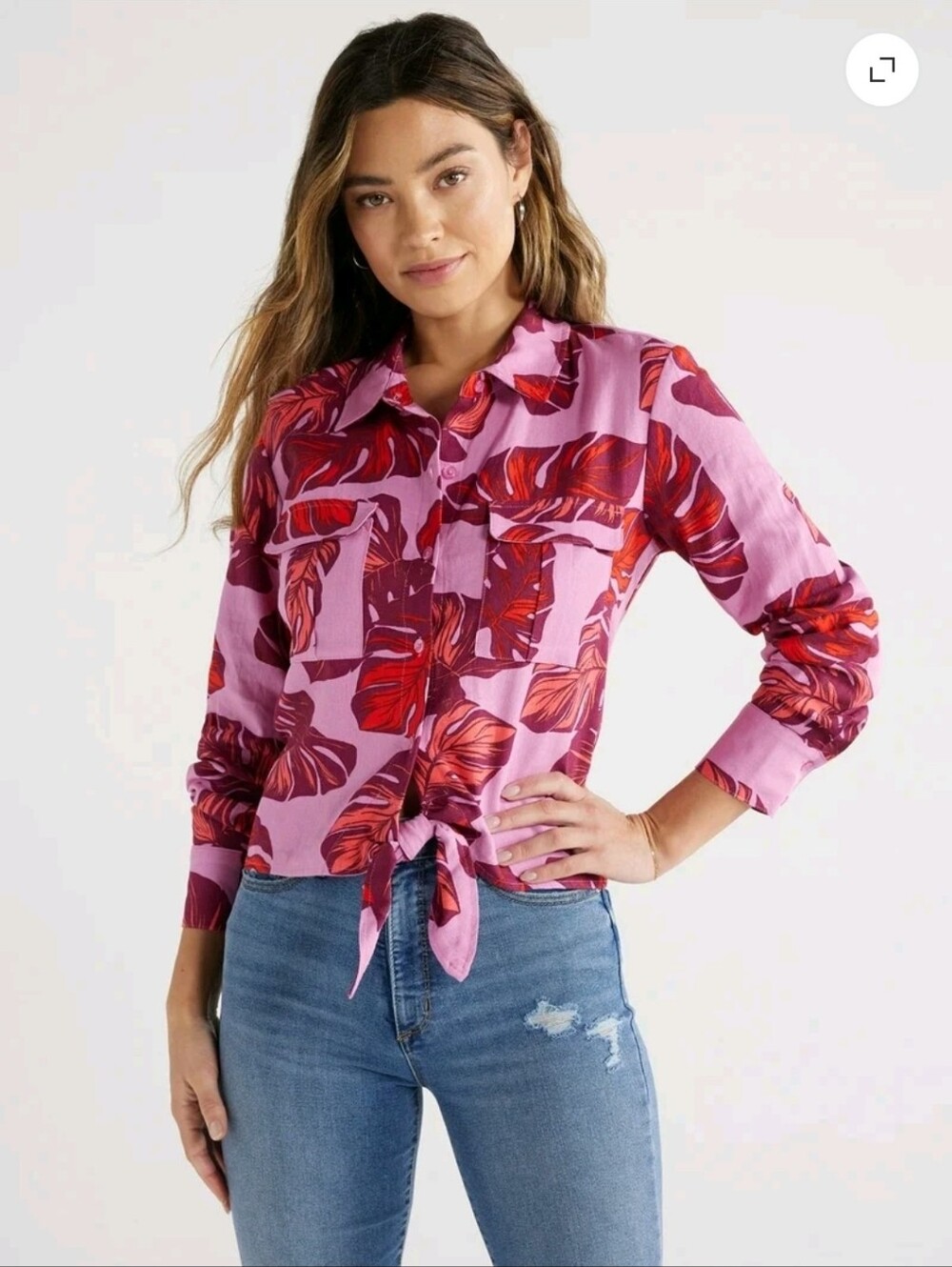 Sofia Jeans Women's Linen Blend Tie Front Top with Cargo Pockets